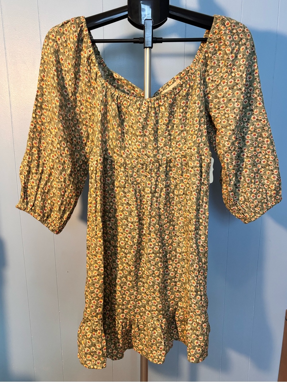 Altar'd State Olive Green Floral Square-Neck Puff Sleeve Dress